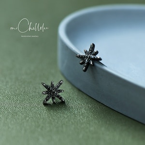 Starburst Stud Earrings in Sterling Silver with Sparkly CZ Crystals, Black Star Earrings,Black CZ Earrings,Celestial Earrings