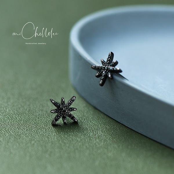 Starburst Stud Oorbellen in Sterling Zilver met Sparkly CZ Kristallen, Black Star Oorbellen, Zwarte CZ Oorbellen, Hemelse Oorbellen