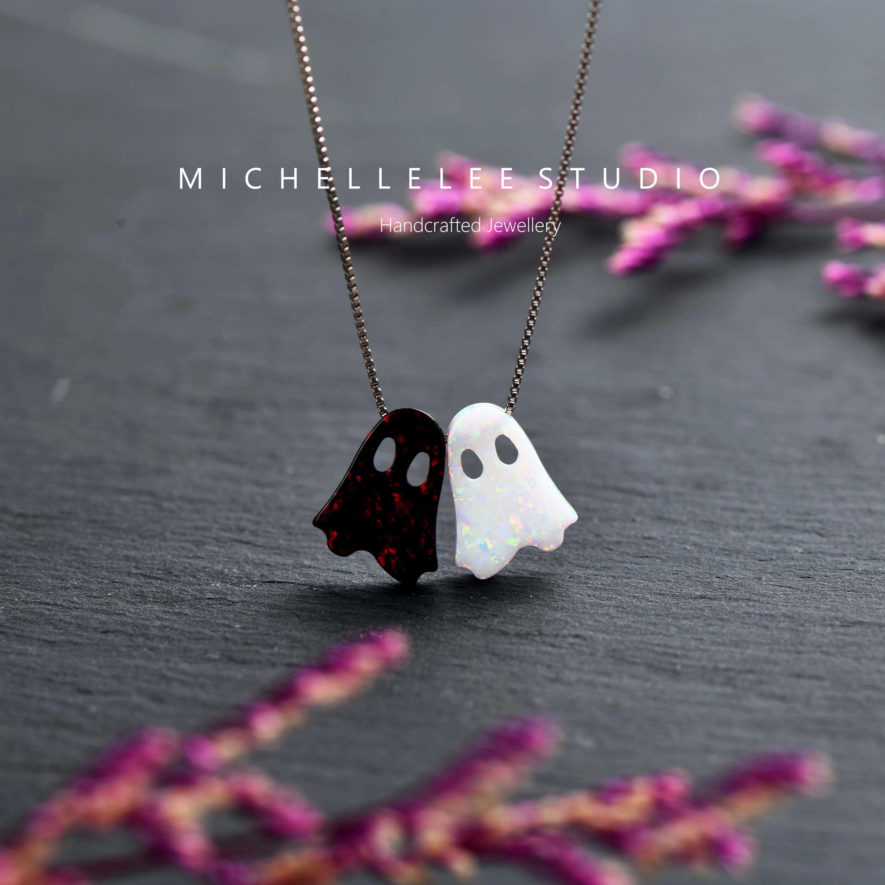Halloween Black and White Ghost Opal Necklace, Fire Opal Specter Necklace with Sterling Silver Chain, Halloween, Opal Jewelry