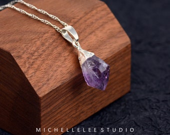 Natural Raw Amethyst Dangling Earrings, Silver Dipped Amethyst Drop Earrings with Matching Pendant, Minimalist Crystal