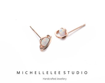 Rose Gold Plated Opal Stud Earrings, White Fire Opal Planet Stud Earrings, Saturn Earrings, Minimalist Geometric
