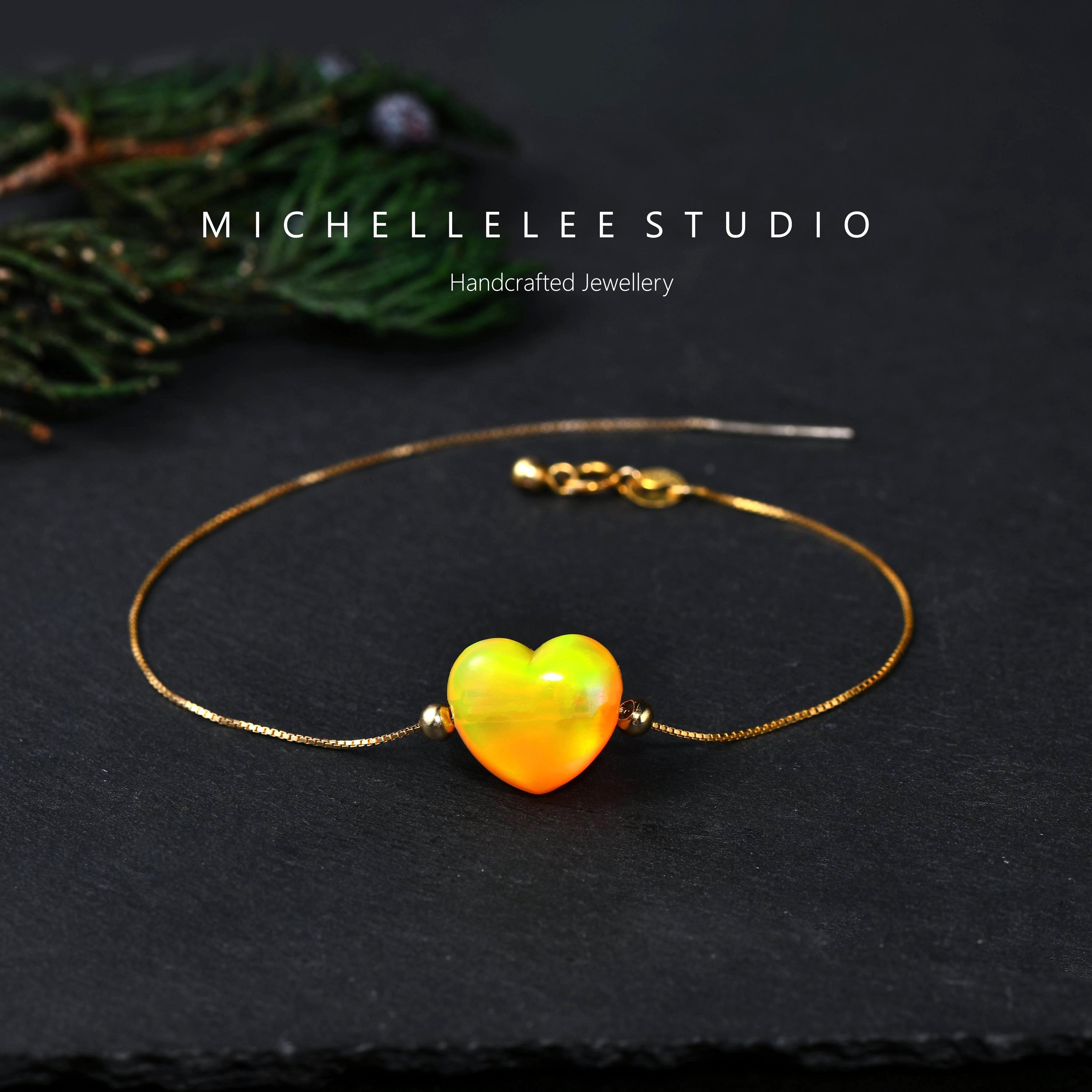 Large Blue Heart Opal Bracelet, 3D Fire Opal Heart Necklace With