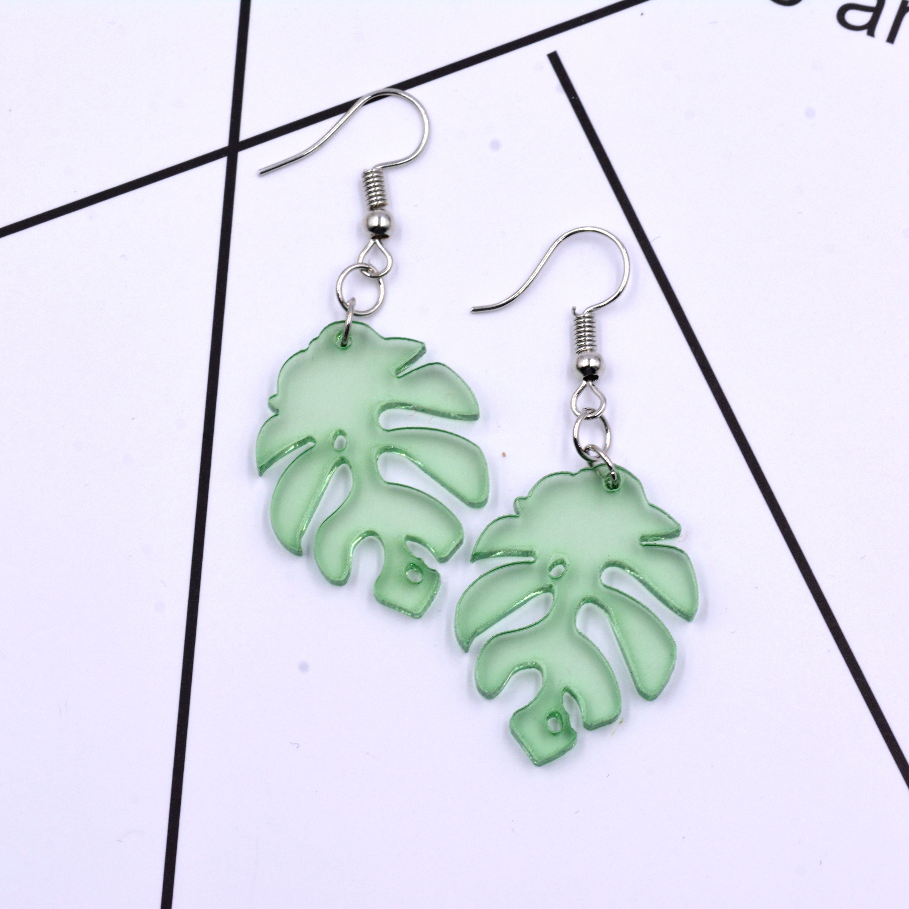 Acrylic Little Monstera Leaf Drop Hook Earrings Laser Cut - Etsy