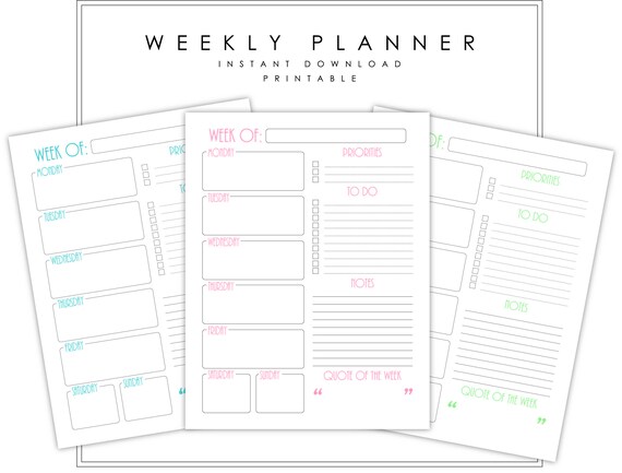 weekly planner printable 7 day planner daily planner instant etsy