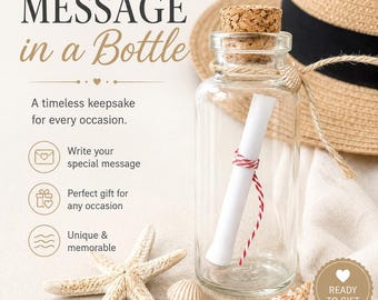 May include: A clear glass bottle with a cork stopper, containing a rolled-up paper tied with red and white twine. The bottle is labeled "MESSAGE in a Bottle" and includes the text "Handmade with Love". A starfish and seashells are in the foreground.