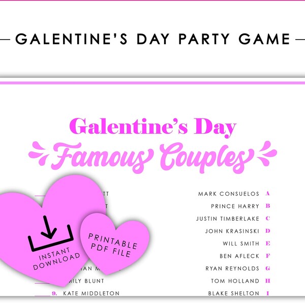 Galentine's Day Famous Couples Game Digital Download Print Printable Party Games for adults Valentine's Day Fun Icebreaker Game Trivia PDF