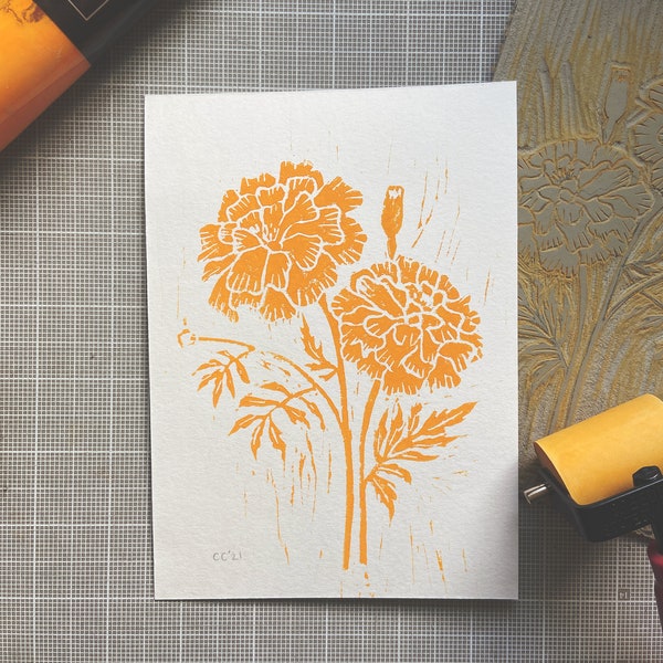 Marigold Flowers Linoleum Block Print Hand Printed on 5x7 Paper