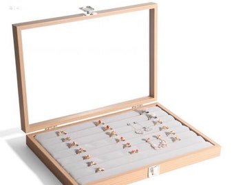 L Jewelry Earrings Stud / Ring / Pendant / Cufflinks Organiser MDF Wood Frame Velvet Tray Display Case Box with Glass Lid