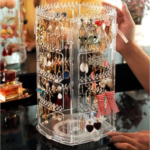 EE- 360 Rotate Clear Acrylic Plastic Earrings Stud Shop Display Stand / Home Jewelry Holder / Desk Organiser