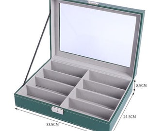 E- PU Green 8 Glasses / 8 Compartment Display Case Box + Glass Lid