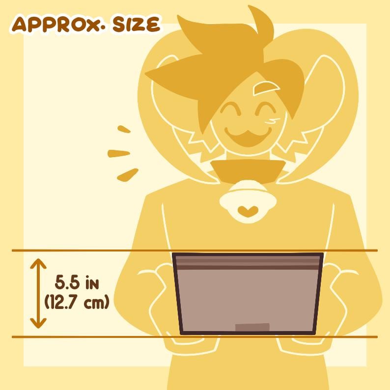 May include: A yellow cartoon character with a heart-shaped head and a big smile is holding a brown laptop. The laptop is 5.5 inches (12.7 cm) wide. The character is wearing a yellow hooded sweatshirt with a white heart on the front.