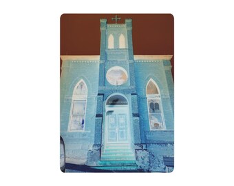 Placa de metal com foto invertida de igreja | Decoração de parede vintage em estilo gótico