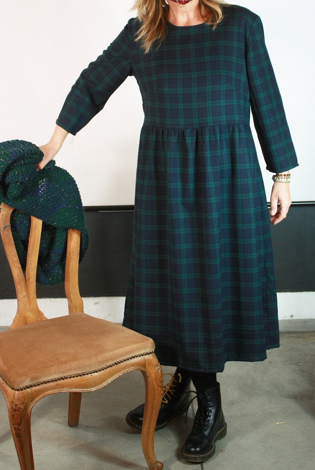 Black Watch Tartan Dress Gathered Waist Dress Wool Blend Etsy