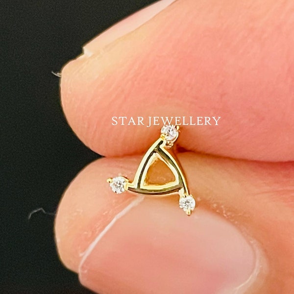 Celtic Inspired Diamond Triangle Nostril Tragus, 14K Solid Gold Geometric Diamond Piercing for Nose, Conch, Rook, Tragus, Helix, Anti Tragus