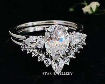 1..00 Ct IGI Certified Lab Grown Diamond Oval Cut Wedding Ring Set, Pear Chevron Matching Band for Engagement Ring, Bridal Wedding Ring Set