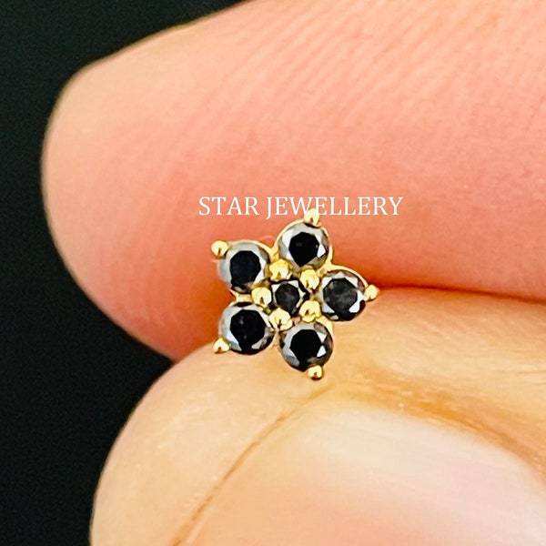 Natural Black Diamond Flower Stud for Tragus, Lobe, Conch, Lobe, 14K Solid Gold Natural Black Diamond Cluster Floral External Threaded Pin