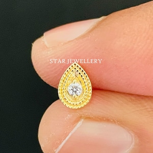 14K Massivgold Naturdiamant Birnenstecker, Doppel Miligrain Naturdiamantstecker, Birnenform Naturdiamantstecker für Saatkrähe, Tragus, Helix