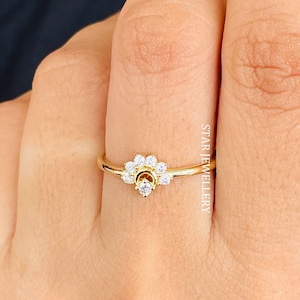 14K Solid Gold Sunrise Diamond Ring: Minimalist Sunburst Design