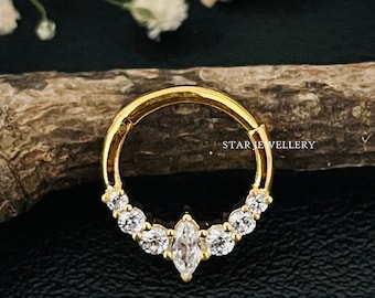 14K Solid Gold Marquise Diamond Daith Piercing, Diamond Septum Clicker, Solid Gold Daith Jewelry, Diamond Helix Piercing, Septum Piercing