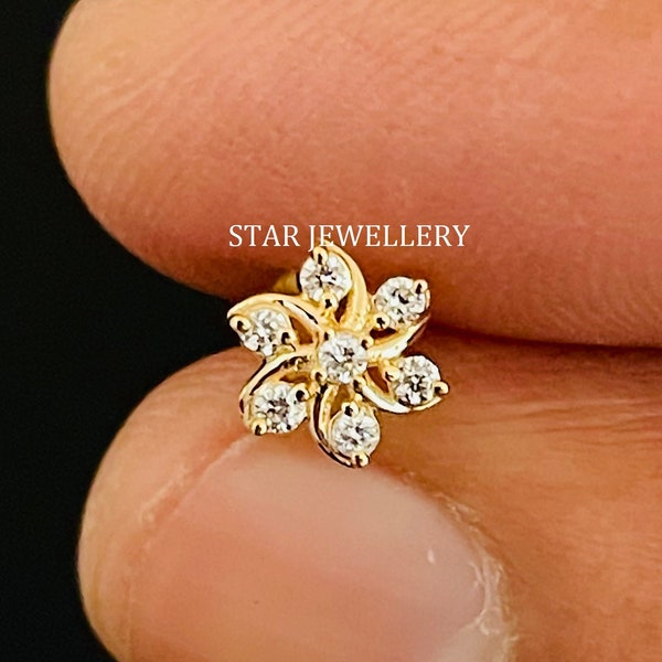 14K Gold Diamond Cluster Floral External Threaded Pin, 14K Gold Piercing Jewelry, Lab Grown Diamond Flower Stud for Nose Tragus Lobe, Conch