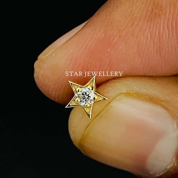 14K Solid Gold Natural Diamond Star Nose/Ear Stud, STAR Nostril Tragus, STAR Conch for Ear. Piercing Nostril Jewelry. STAR Helix Piercing