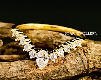 Moissanite Chevron Ring: 14K Solid Gold V Band