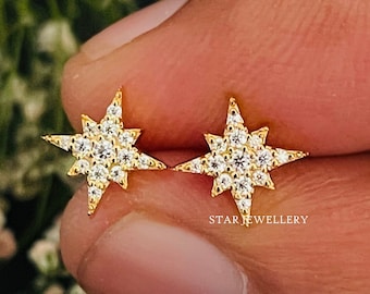 Diamond North Star 14K Gold Stud Earrings: Celestial Jewelry
