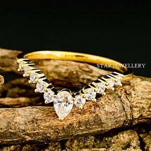 Moissanite Chevron Ring: 14K Solid Gold V Band