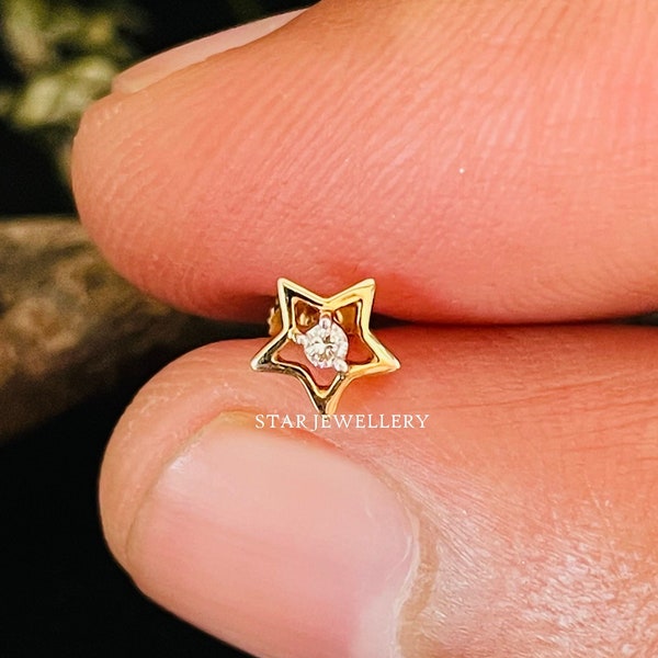 14K Solid Gold Diamond Stud Star Nose/Ear Piercing, STAR Nostril Tragus, STAR Conch for Ear. STAR Helix Piercing with External Threaded Post