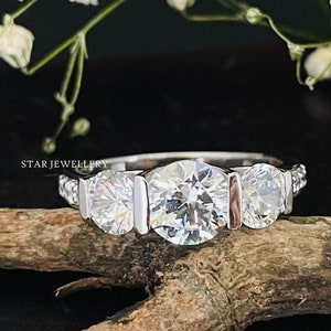 14K Solid Gold Three Stone Bar Set Moissanite Ring, Three Stone Wedding Proposal Ring, Trio Stone Moissanite Ring with Studded Shank image 2