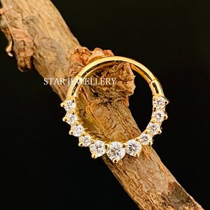 Perforación daith de diamantes naturales, anillo de nariz de tabique de diamantes en oro de 14 k, perforación daith clicker de diamantes, pendiente daith de diamantes, clicker de tabique