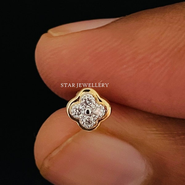 Genuine Diamond Four Stone Clover Piercing, 14K Diamond Cluster External Threaded Ear Piercing Jewelry for Earlobe, Tragus, Conch, Cartilage