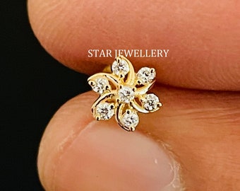 Genuine Diamond Flower Stud for Nose Tragus Lobe Conch, 14K Gold Diamond Cluster Floral External Threaded Pin, Piercing Jewelry, Conch