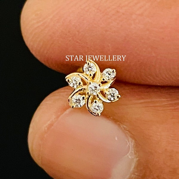 Genuine Diamond Flower Stud for Nose Tragus Lobe Conch, 14K Gold Diamond Cluster Floral External Threaded Pin, Piercing Jewelry, Conch