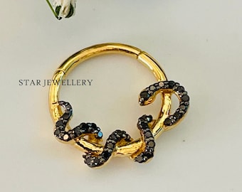 14K Solid Gold Black Diamond Snake Daith Piercing for her, Solid Gold Snake Daith Clicker, Natural Black Diamond Snake Septum Piercing