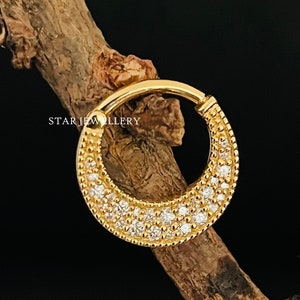 14K Solid Gold Pave Set Natural Diamond Septum Piercing, Diamond Daith Clicker for Helix, Conch, Lobe, orbital Conch, Tragus, Rook Piercing
