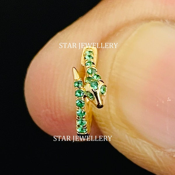 14K Solid Gold CZ Emerald Snake Nose Ring, Green Emerald Snake Piercing for Lobe, Cartilage, Helix, Conch, Orbital, Sung and Auricle