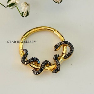 14K Solid Gold Black Diamond Snake Daith Piercing for her, Solid Gold Snake Daith Clicker, Natural Black Diamond Snake Septum Piercing