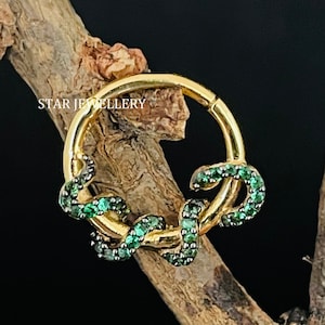 14K Solid Gold CZ Green Diamond Snake Daith Piercing for her, 10K Gold Snake Daith Clicker with Green CZ Stone,Diamond Snake Septum Piercing