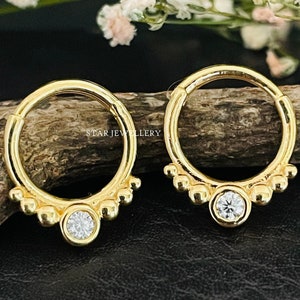 14K Gold Diamond Septum Nose Ring, Clicker Daith Piercing, Bezel Set Natural Diamond Daith Piercing, Septum Clicker, Unique Daith Clicker
