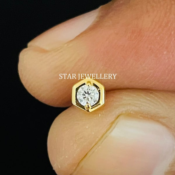 Natural Diamond Hexagon Stud for Ear Piercing, 3 mm Diamond Piercing, 14K Gold 0.10 CT Diamond Piercing for Conch, Tragus, Lobe, Helix, Rook