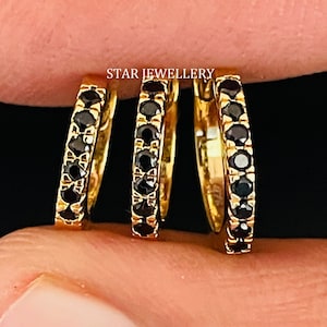 Anel de argola com diamante negro natural de 16 g e ouro maciço 14K para nariz, cartilagem, concha, hélice, torre, lóbulo, orbital, lábio e piercing confortável