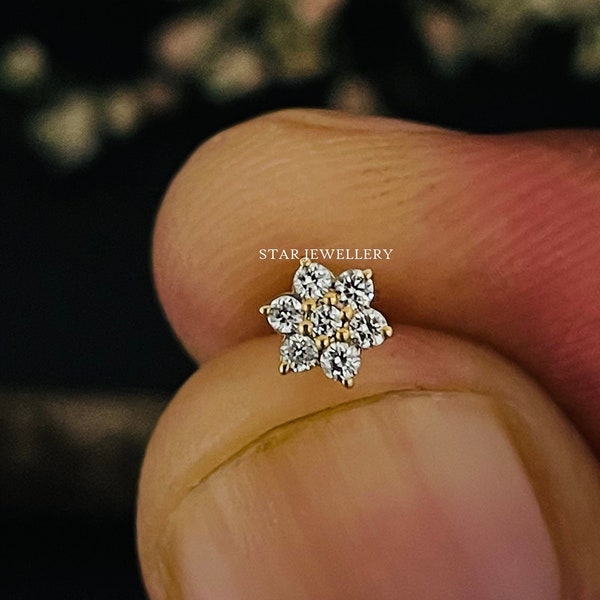 Natural Diamond Flower Stud for Nose Tragus Lobe Conch, 14K Gold 7 Diamond Cluster Floral External Threaded Pin, Piercing Jewelry, Conch