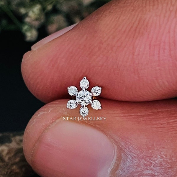 Diamond Flower Stud for Nose Tragus, Lobe, Conch, 14K Gold Seven Diamond Cluster Floral External Threaded Pin, Piercing Jewelry, Conch