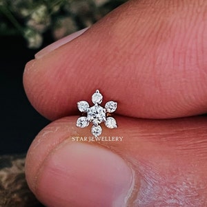 Natural Diamond Flower Stud for Nose Tragus, Lobe, Conch, 14K Gold 7 Diamond Cluster Floral External Threaded Pin, Piercing Jewelry, Conch