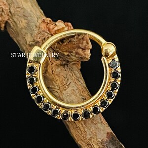 14K Solid Gold Micro Set Natural Black Diamond Daith Clicker Piercing, Solid Gold Natural Black Diamond Septum Nose Ring, Septum Clicker