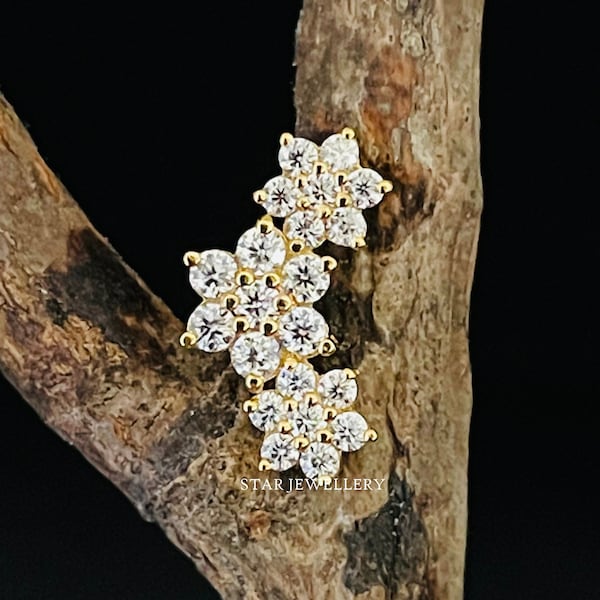 14K Solid Gold Diamond Flower Ear Crawler, Diamond Ear Climber for Woman, Crawler Earrings, Solid Gold Climber Earrings