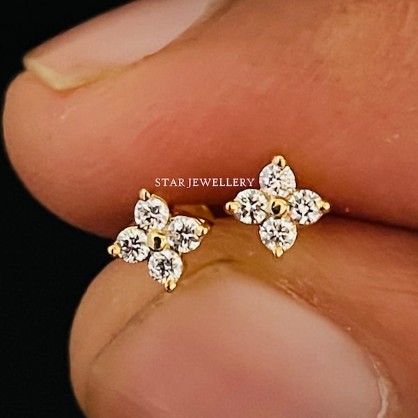 4 Stone Genuine Diamond Stud, 14K Gold Earring, Nose Tragus Lobe Stud, Cluster Diamond Flatback Pin, External Threaded Pin, Clover Piercing