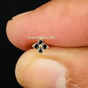 Perno de cuatro piedras con diamante negro natural para trago, lóbulo y caracola, oro macizo de 14 quilates, pasador roscado externo con cuatro piedras con diamante negro natural