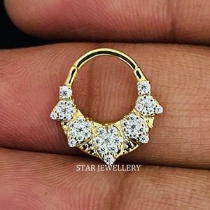 14K Gold Diamond Daith Clicker: Pear Shape Zig Zag Septum Piercing